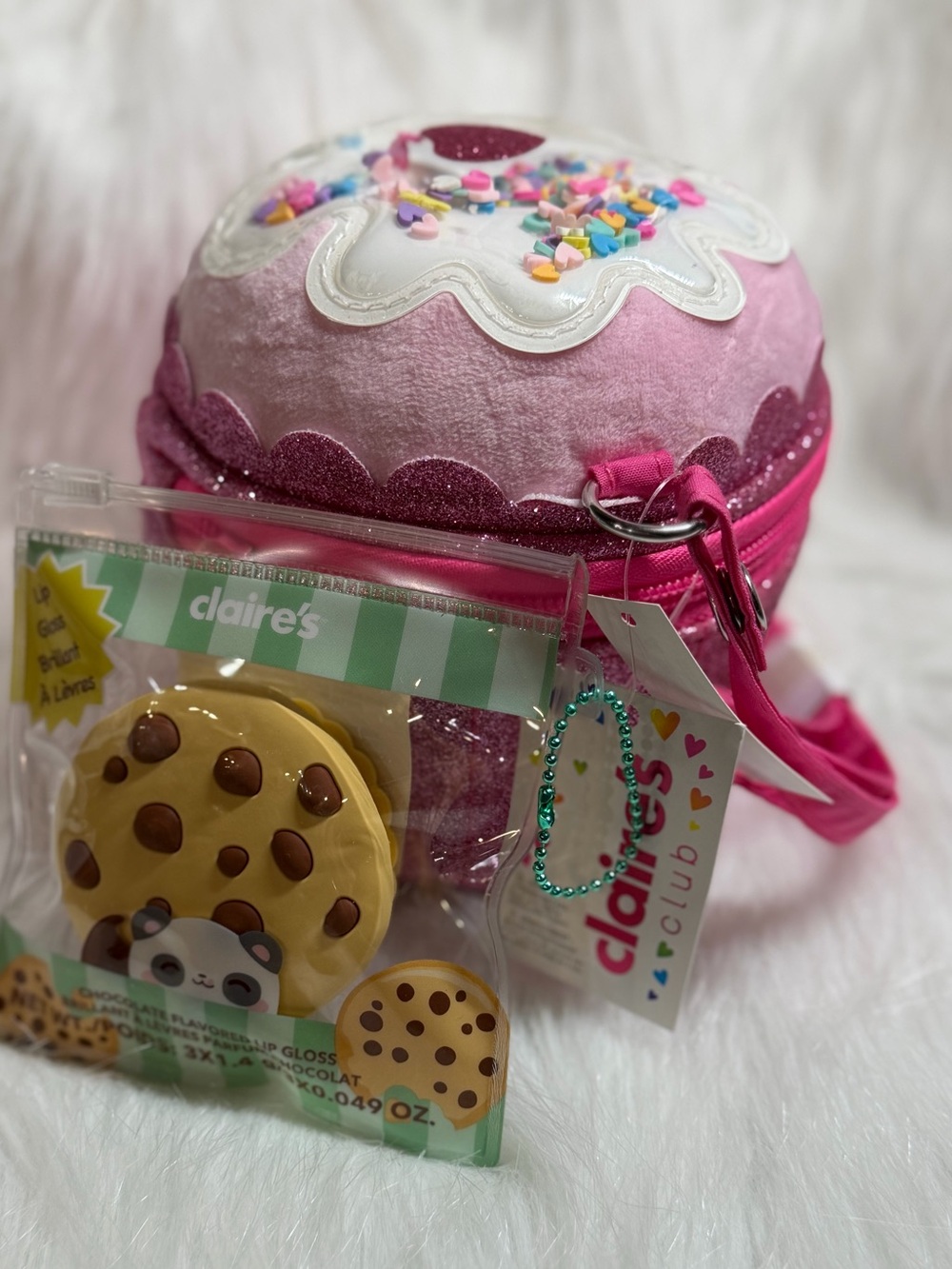 Claire's Pink White Cupcake Crossbody Bag with Cookie Lip Gloss